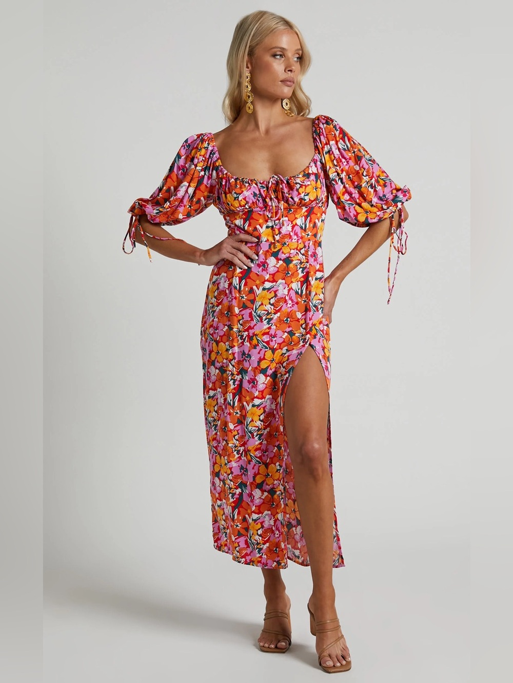 Showpo Floral Puff Sleeve Midi Dress US 12 Pink Orange